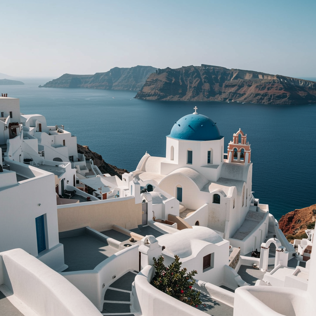 Santorini — weiße Häuser und blaue Kuppel über dem Meer