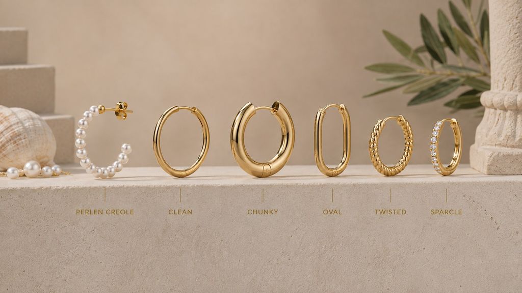 Sechs goldene Creolen in unterschiedlichen Styles auf einer Steinplatte: Clean, Twisted, Chunky, Oval, Perlbesetzt und Sparkle